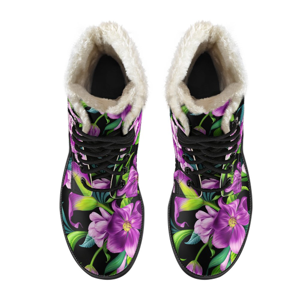 Bright Purple Floral Pattern Faux Fur Leather Boots
