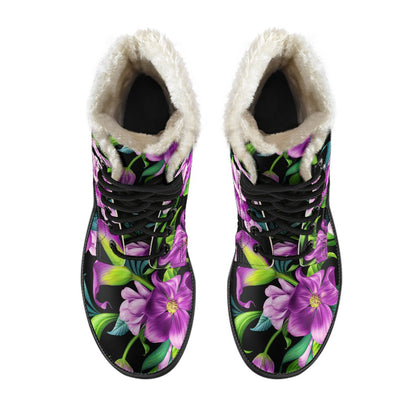 Bright Purple Floral Pattern Faux Fur Leather Boots