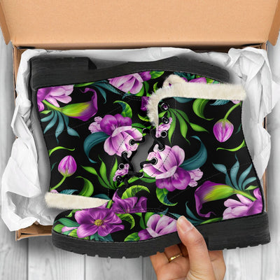 Bright Purple Floral Pattern Faux Fur Leather Boots