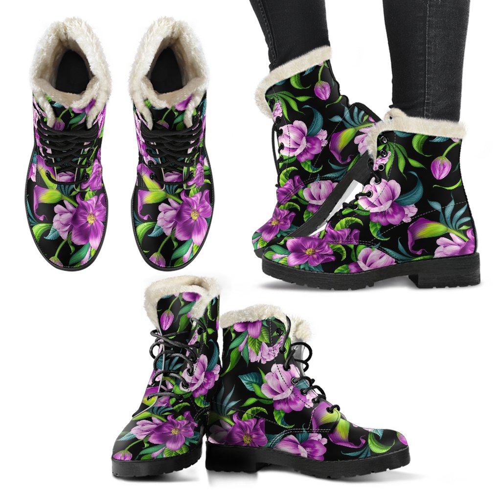Bright Purple Floral Pattern Faux Fur Leather Boots