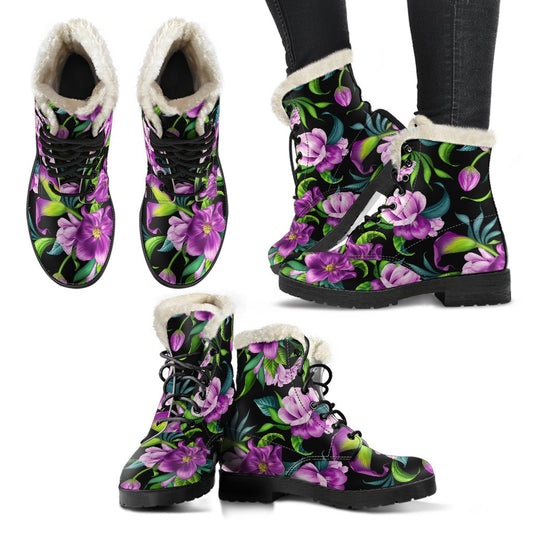 Bright Purple Floral Pattern Faux Fur Leather Boots