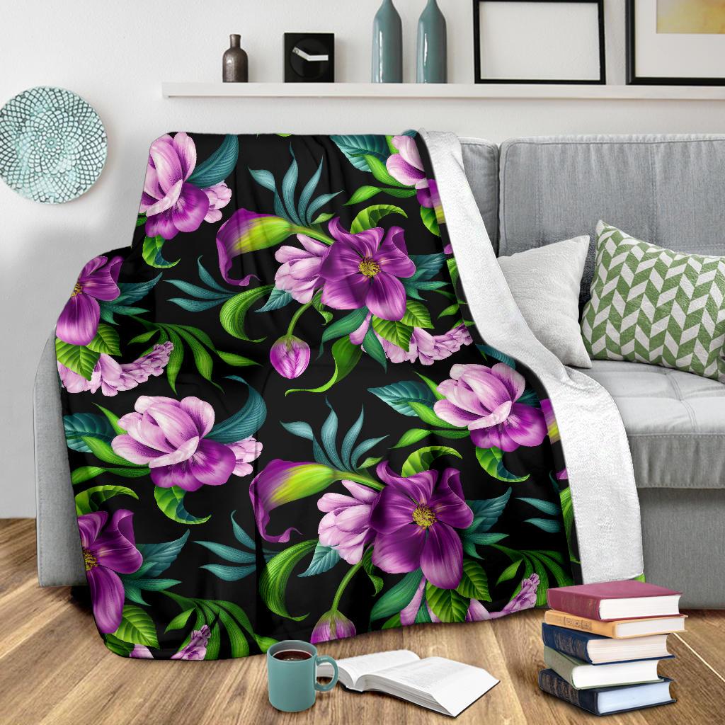 Bright Purple Floral Pattern Fleece Blanket