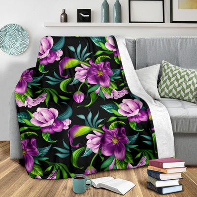 Bright Purple Floral Pattern Fleece Blanket