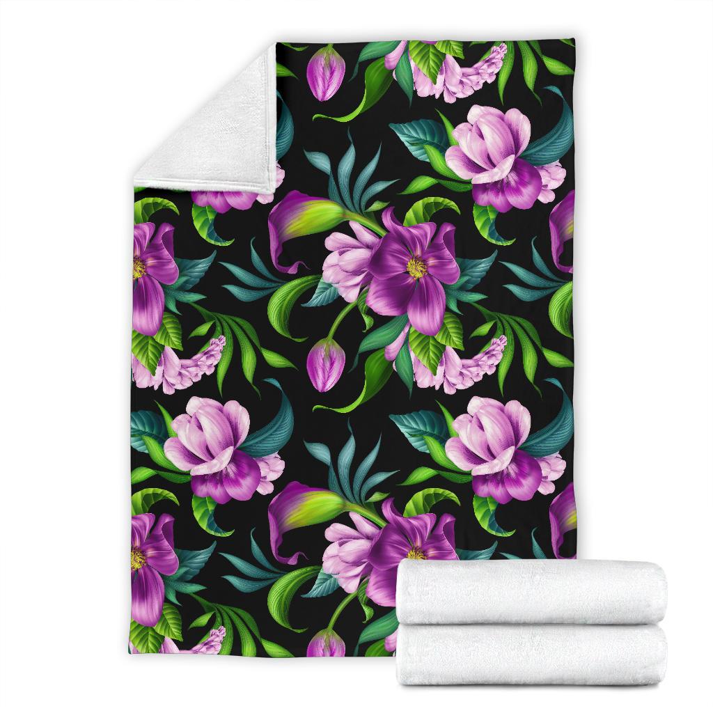 Bright Purple Floral Pattern Fleece Blanket