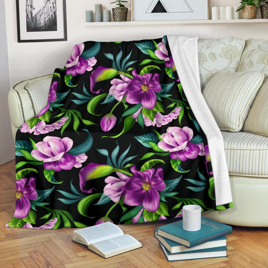 Bright Purple Floral Pattern Fleece Blanket