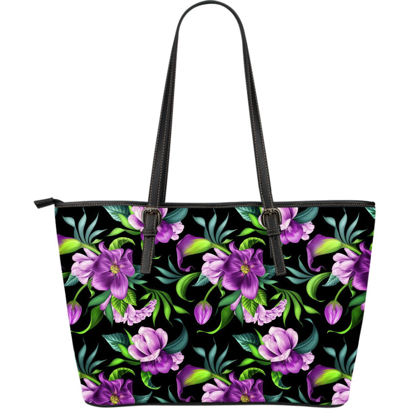 Bright Purple Floral Pattern Large Leather Tote Bag