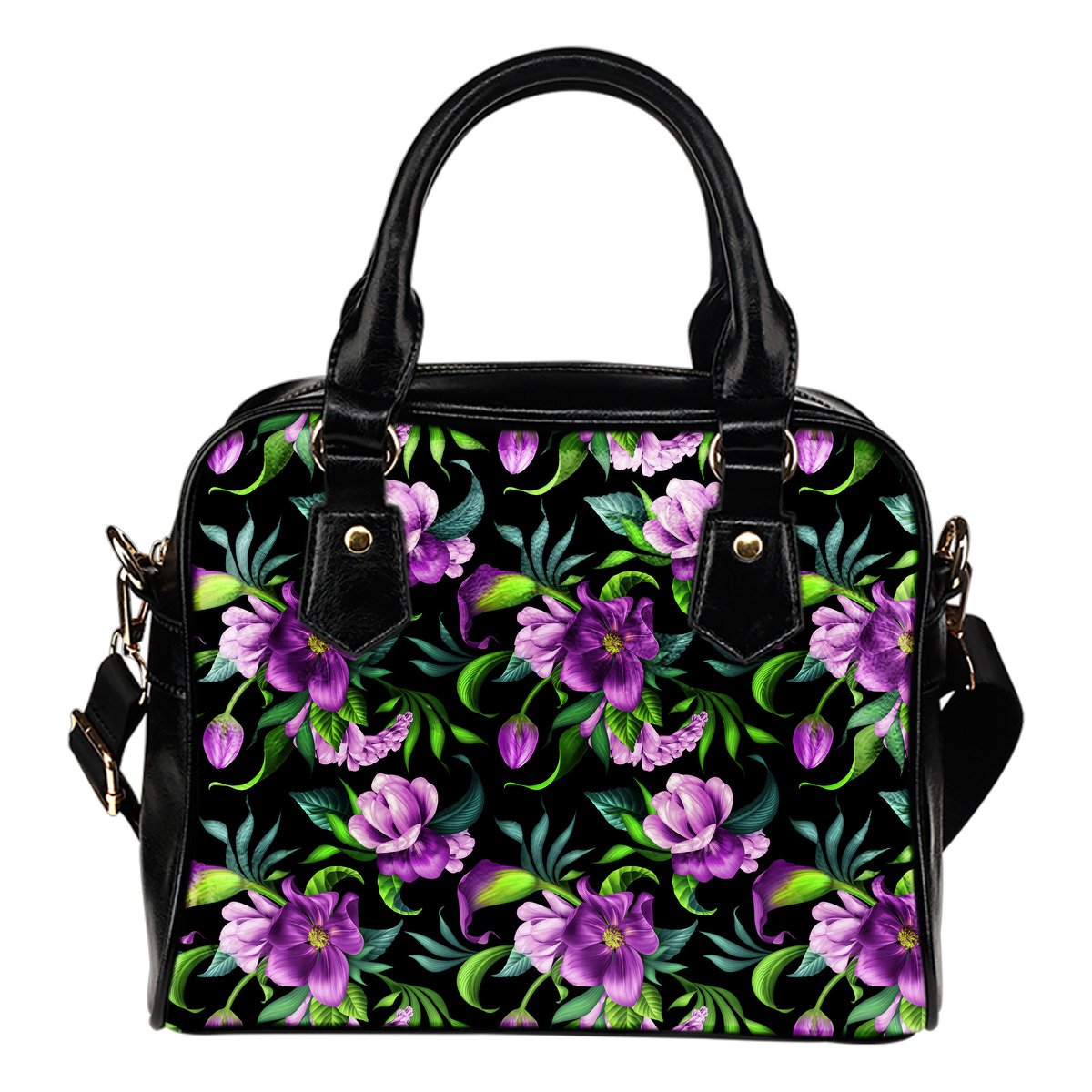 Bright Purple Floral Pattern Leather Shoulder Handbag