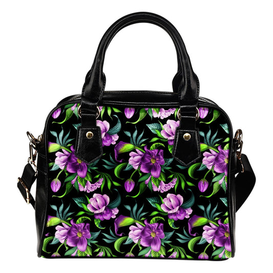 Bright Purple Floral Pattern Leather Shoulder Handbag