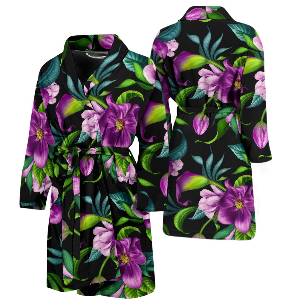 Bright Purple Floral Pattern Men Bath Robe