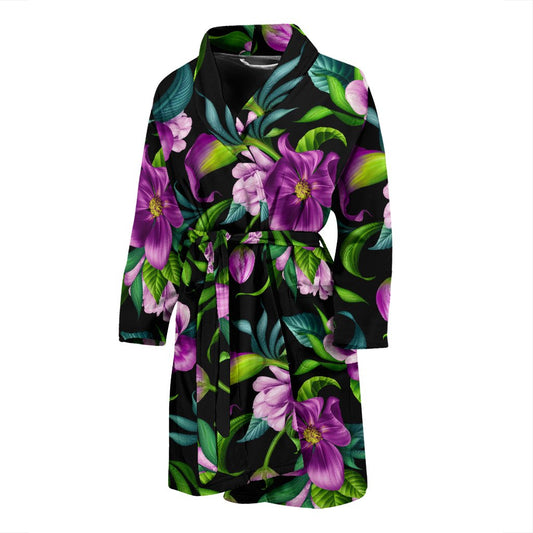 Bright Purple Floral Pattern Men Bath Robe