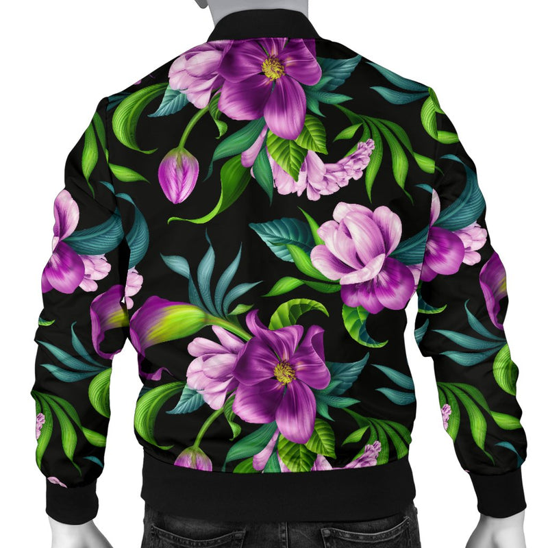 Bright Purple Floral Pattern Men Casual Bomber Jacket-JorJune