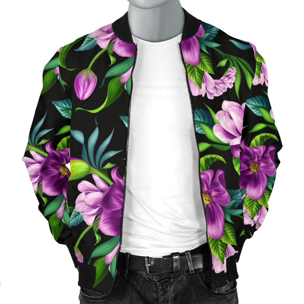 Bright Purple Floral Pattern Men Casual Bomber Jacket-JorJune