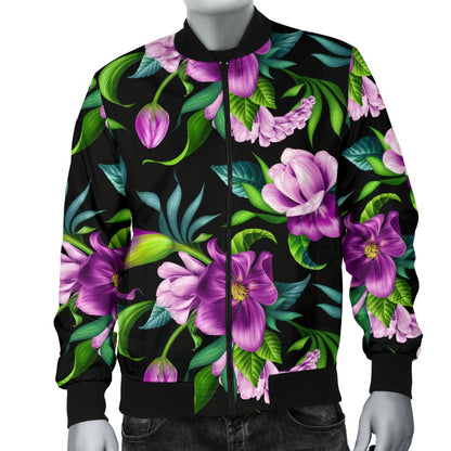 Bright Purple Floral Pattern Men Casual Bomber Jacket-JorJune