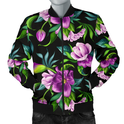 Bright Purple Floral Pattern Men Casual Bomber Jacket-JorJune