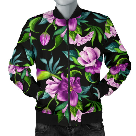 Bright Purple Floral Pattern Men Casual Bomber Jacket-JorJune