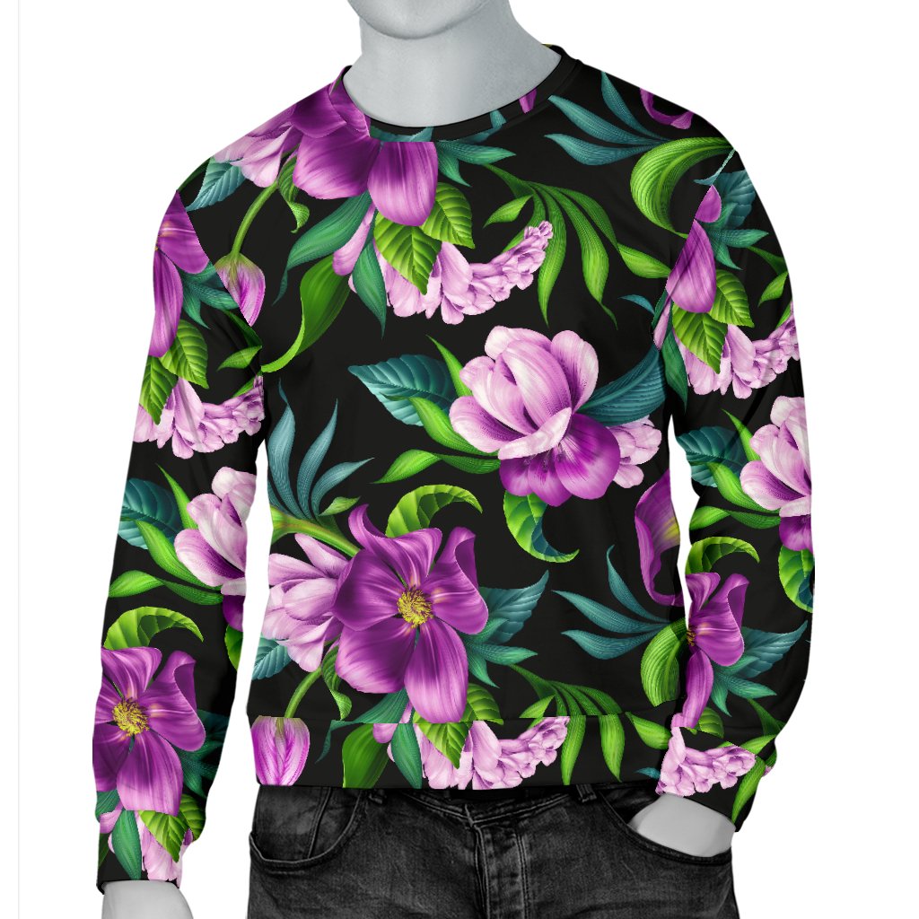 Bright Purple Floral Pattern Men Crewneck Sweatshirt