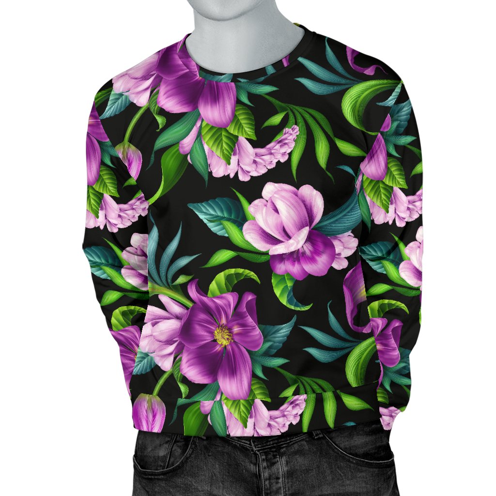 Bright Purple Floral Pattern Men Crewneck Sweatshirt