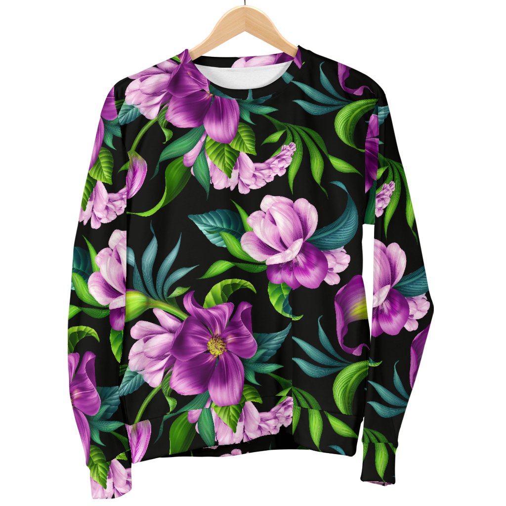 Bright Purple Floral Pattern Men Crewneck Sweatshirt