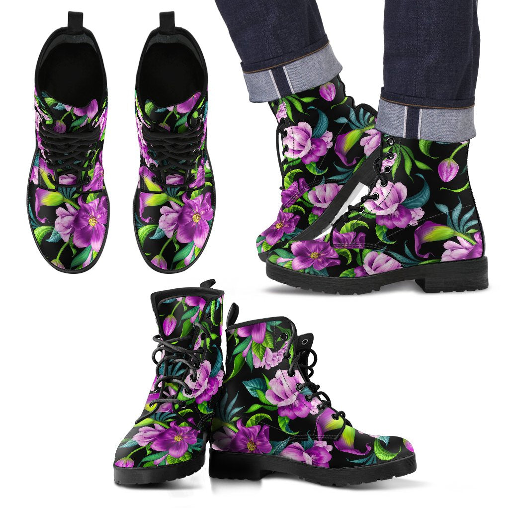 Bright Purple Floral Pattern Men Leather Boots