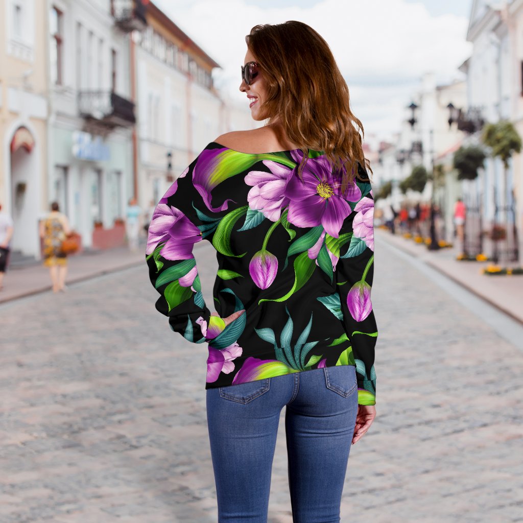 Bright Purple Floral Pattern Off Shoulder Sweatshirt