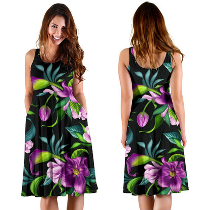 Bright Purple Floral Pattern Sleeveless Mini Dress