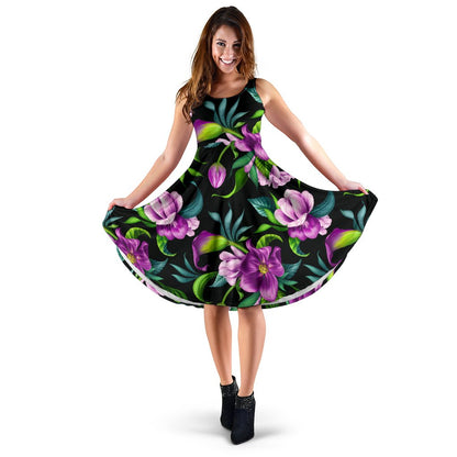 Bright Purple Floral Pattern Sleeveless Mini Dress