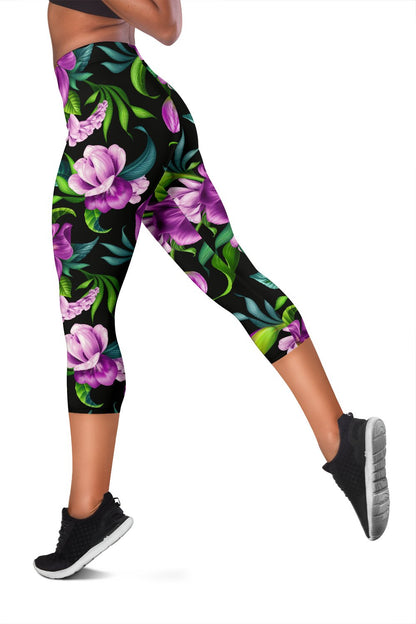 Bright Purple Floral Pattern Women Capris