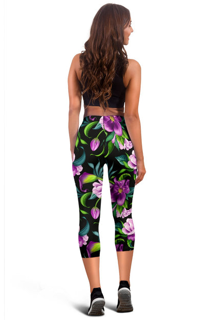 Bright Purple Floral Pattern Women Capris