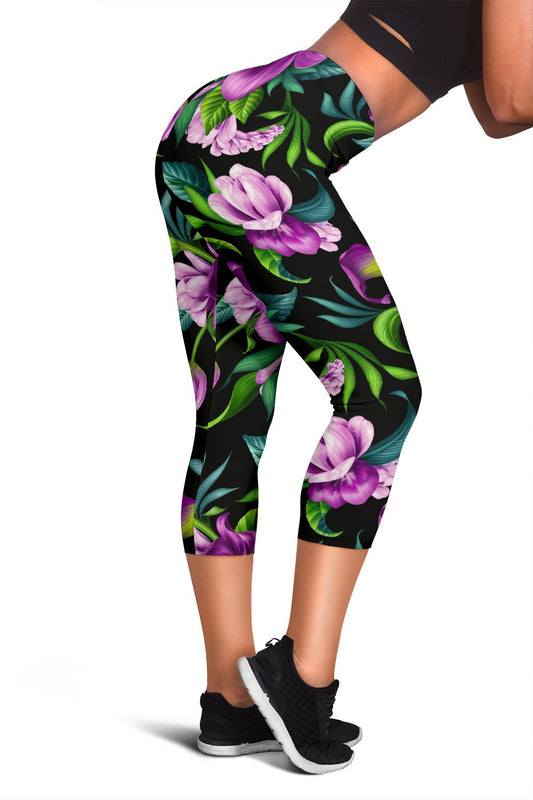 Bright Purple Floral Pattern Women Capris