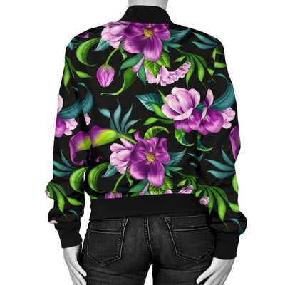 Bright Purple Floral Pattern Women Casual Bomber Jacket