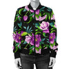 Bright Purple Floral Pattern Women Casual Bomber Jacket