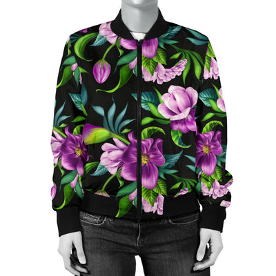 Bright Purple Floral Pattern Women Casual Bomber Jacket