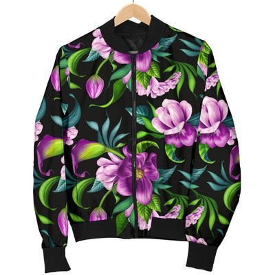 Bright Purple Floral Pattern Women Casual Bomber Jacket