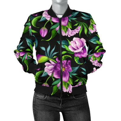 Bright Purple Floral Pattern Women Casual Bomber Jacket