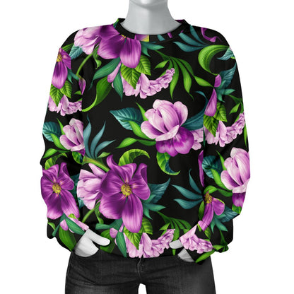 Bright Purple Floral Pattern Women Crewneck Sweatshirt