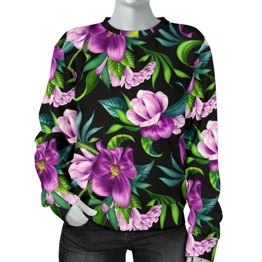 Bright Purple Floral Pattern Women Crewneck Sweatshirt
