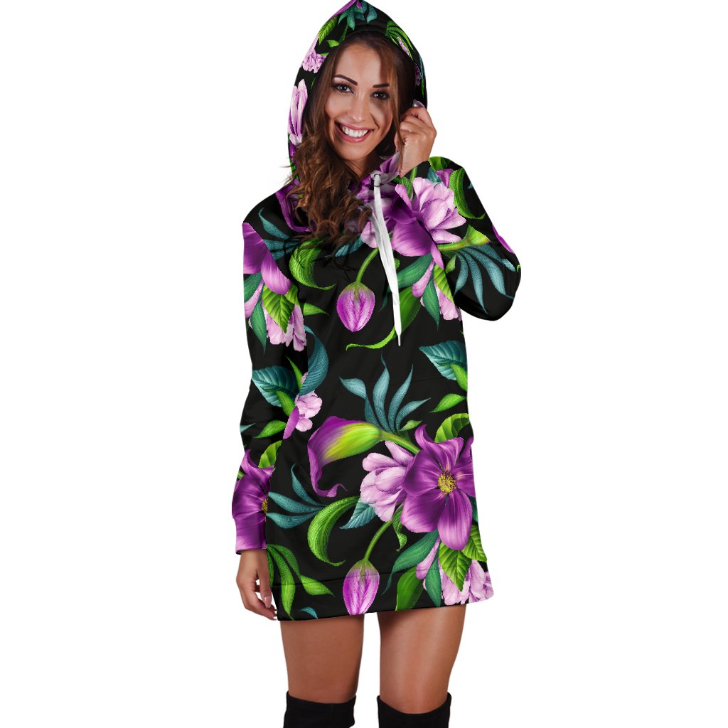 Bright Purple Floral Pattern Women Hoodie Dress