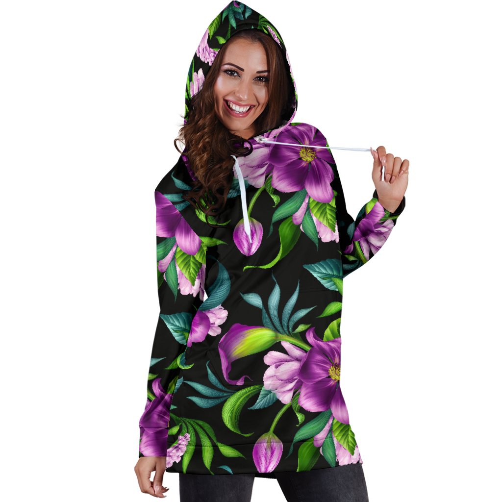 Bright Purple Floral Pattern Women Hoodie Dress