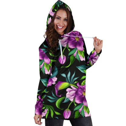 Bright Purple Floral Pattern Women Hoodie Dress