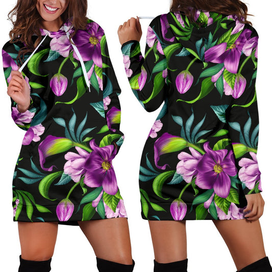 Bright Purple Floral Pattern Women Hoodie Dress