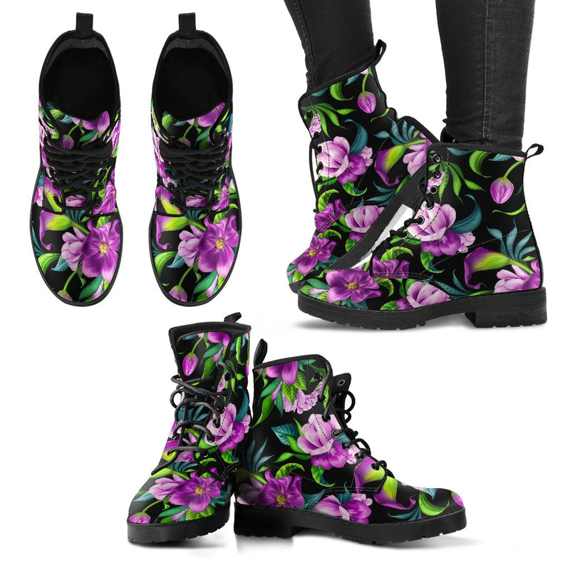 Bright Purple Floral Pattern Women Leather Boots