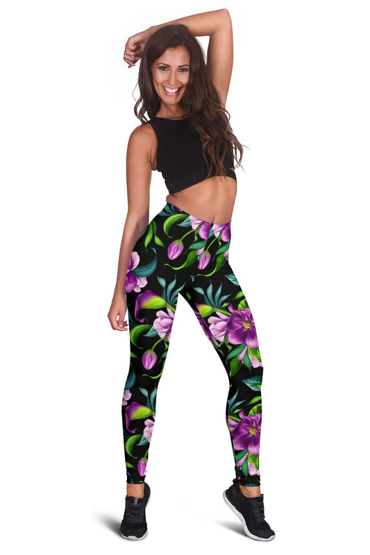 Bright Purple Floral Pattern Women Leggings