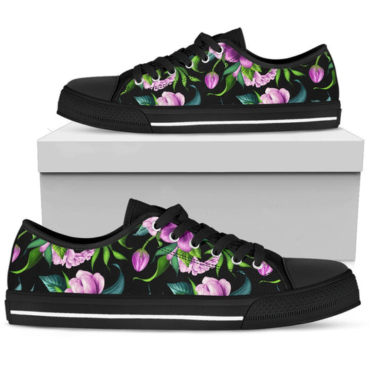 Bright Purple Floral Pattern Women Low Top Shoes