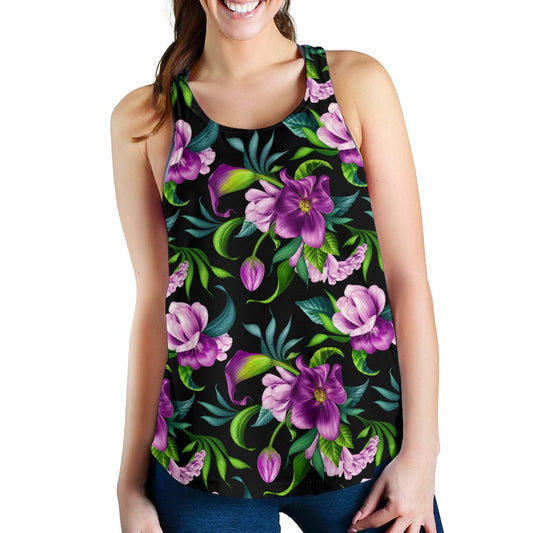 Bright Purple Floral Pattern Women Racerback Tank Top