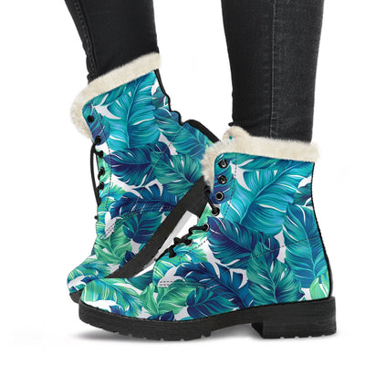 Brightness Tropical Palm Leaves Faux Fur Leather Boots