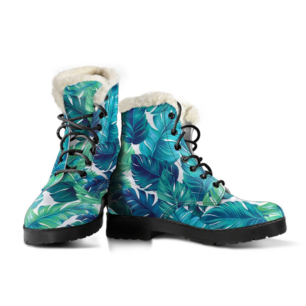 Brightness Tropical Palm Leaves Faux Fur Leather Boots