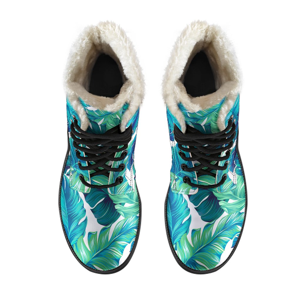 Brightness Tropical Palm Leaves Faux Fur Leather Boots