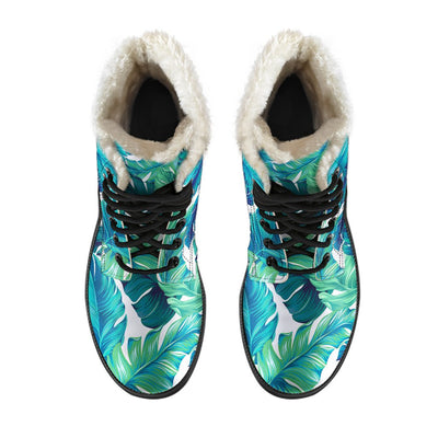 Brightness Tropical Palm Leaves Faux Fur Leather Boots