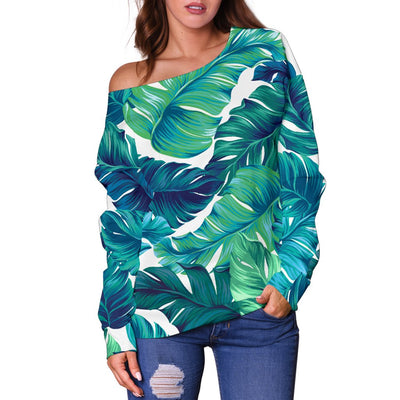 Brightness Tropical Palm Leaves Off Shoulder Sweatshirt