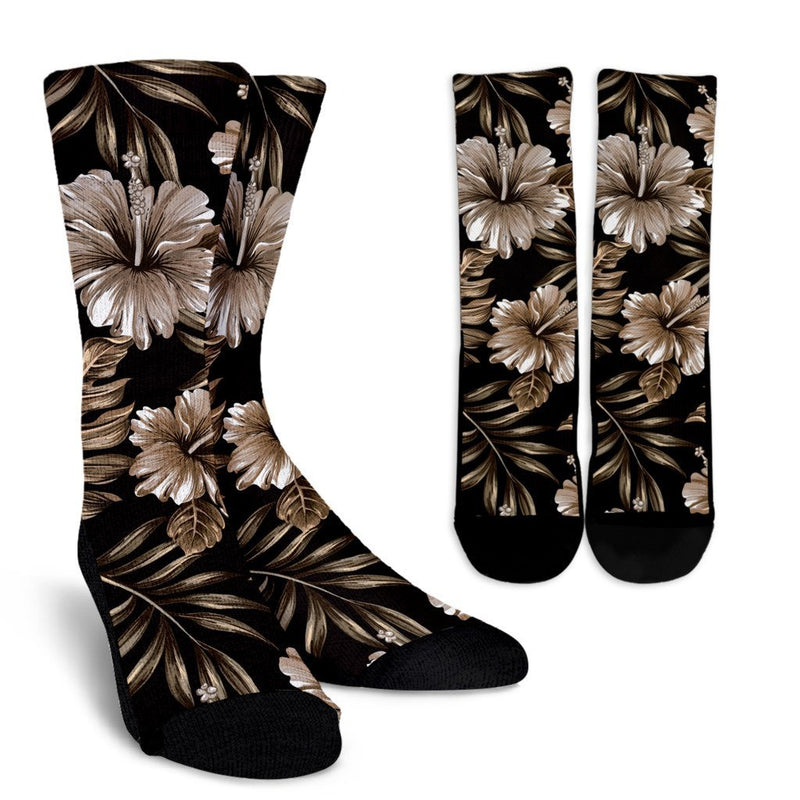 Brown Hibiscus Tropical Crew Socks